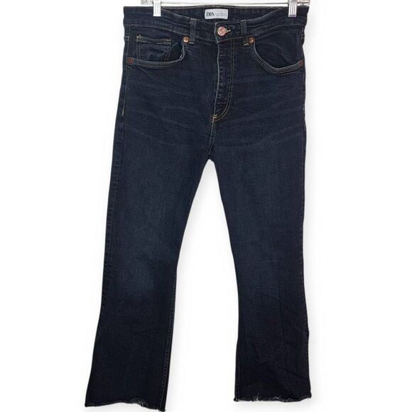 Zara Women's High Waist Straight Leg Jeans Raw Hem Dark Blue Wash size 10 US - Picture 1 of 6